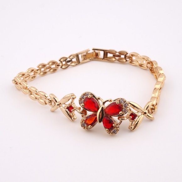 Enchanting Elegance 14k Gold Plated Red Cubic Zirconia Butterfly Linked Bracelet - Picture 5 of 10